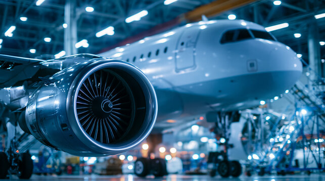 Passenger airplane undergoing engine and fuselage inspection inside an aerospace hangar, large aircraft service scene, aviation maintenance concept, with copy space