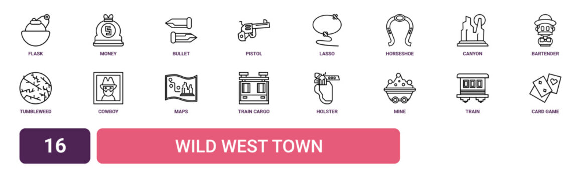 Set of 16 outline web Wild West Town icons such as card game, train, mine, holster, train cargo, maps, cowboy vector icons for report, presentation, diagram, web design, mobile app