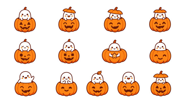 Kawaii ghosts hiding inside pumpkins sticker set.