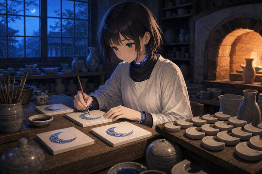 Young artisan hand-painting crescent moon patterns on ceramic tiles in a workshop at night, 夜の工房で三日月模様を絵付けする陶芸職人の少女