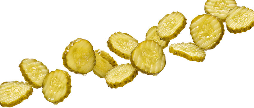 Sliced pickles floating in air isolated on transparent background