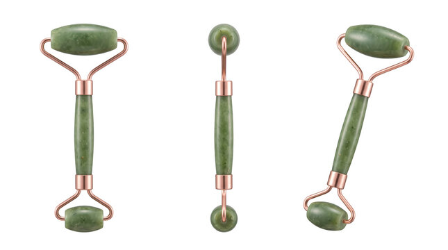 Three jade facial rollers, natural stone massage and cosmetic skincare beauty concept