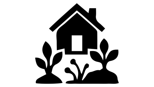 Minimalist house icon with garden plants, black silhouette home and sprout vector, eco-friendly residential building symbol for sustainable living