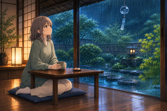 Girl relaxing with a warm cup in a Japanese tatami room watching rain fall on the garden, 雨の庭を眺めながら和室でくつろぐ少女と風鈴 癒しの梅雨イメージ
