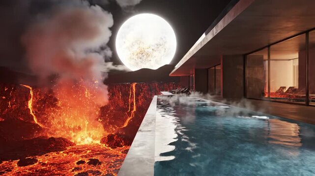 Modern minimalist bathhouse with cantilevered infinity pool suspended over active lava canyon under massive full moon at night; steaming water contrasts with glowing volcanic magma.
