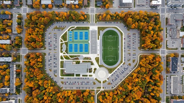 Aerial view of a sports complex with fields and parking in autumn park