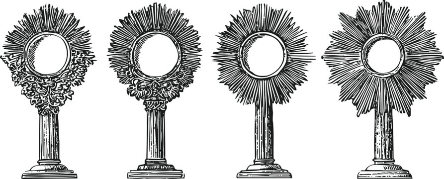 four vintage religious monstrance illustrations with ornate sunburst and floral designs on pedestals