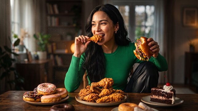 Hungry young woman eating fried chicken and burger, table full of fast food and desserts, unhealthy eating habits and junk food indulgence concept