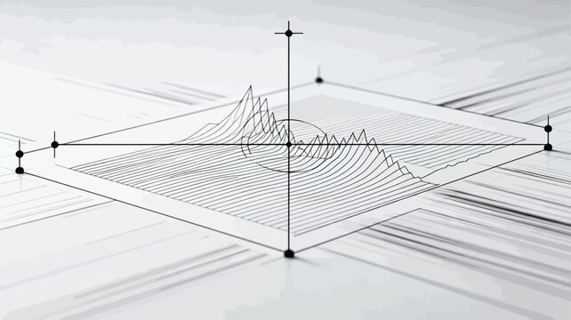 3D wireframe graph with axes, grid lines, and plotted curve on a white background. Minimalist, digital representation of mathematical data visualization or analysis.