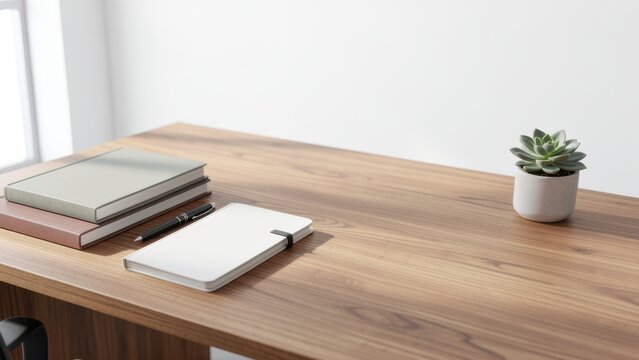 bright modern executive workspace desk with minimalist stationery books and succulent plant for business branding copy space