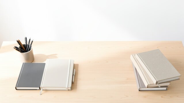 overhead flat lay modern office workspace with stationery journals pens and books on light wood desk minimal setting for corporate marketing backdrop