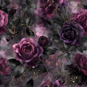 Dark plum roses with black leaves create seamless watercolor floral pattern with moody elegance