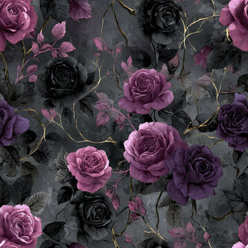 Dark plum and black roses with gold branches create seamless floral pattern with moody elegance