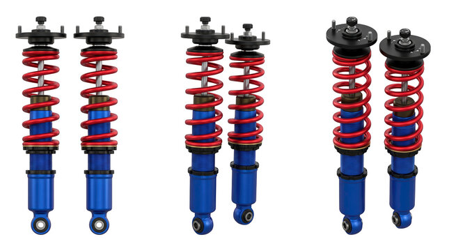 Racing car suspension coilover shock absorbers, automotive engineering tuning and mechanical repair concept