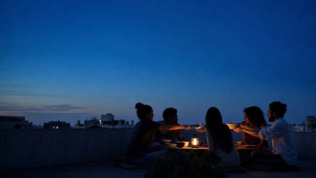 Woman and man sharing dinner on rooftop terrace at twilight. Group of friends passing bowls around a solar lantern table. Urban community dining concept