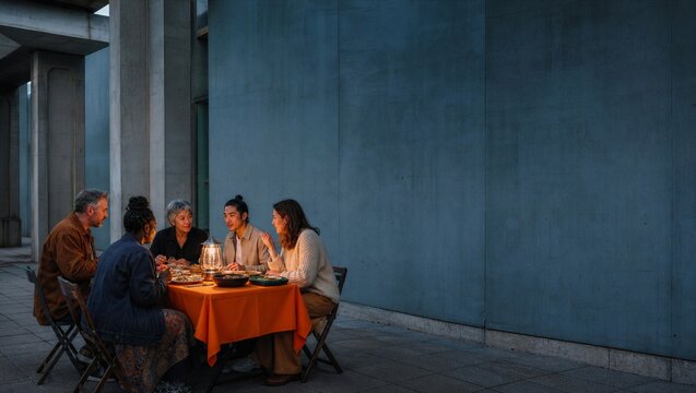 Adult woman and man eating dinner together outdoors under concrete structure with lantern. Community potluck and neighbor gathering concept