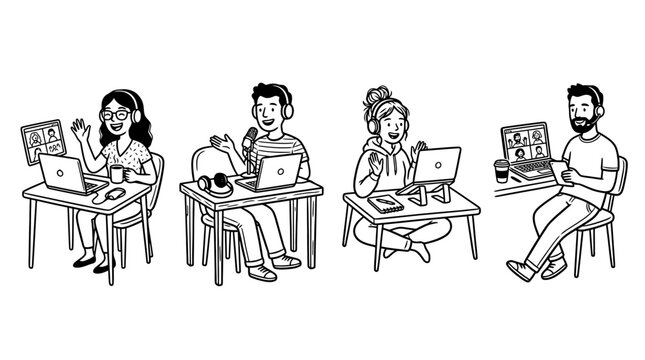 Four video calls black indie line art character pose set