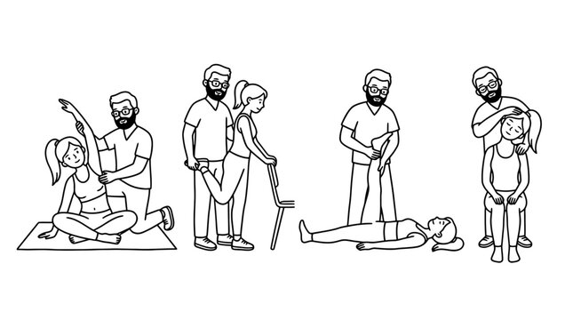 Four physical therapy black indie line art character pose set
