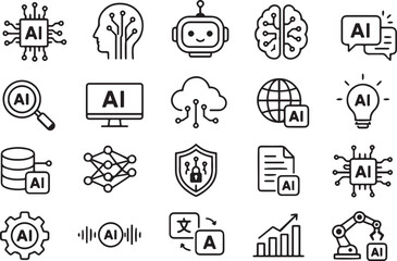 Fototapeta premium Artificial intelligence line icons set. Modern AI technology symbols for digital interface.