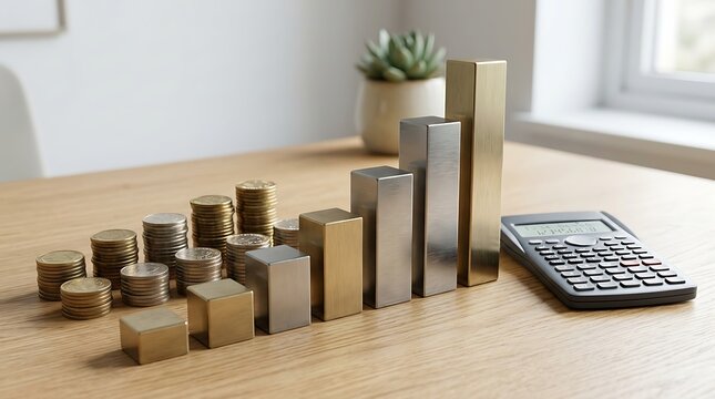 Bar Graph with Coins and Calculator on a Wooden Table Featuring Finance, Business, Growth with Increase and Investment Elements