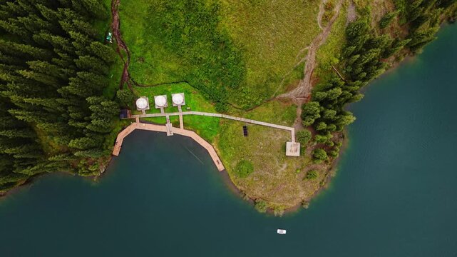 Top down view of Yurt accomodation beside Kolsay lake 1 in Kazakhstan