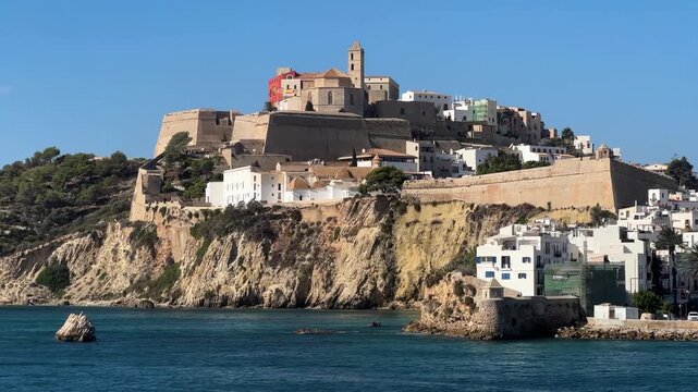 Muralla de Dalt Vila and Santa Maria Cathedral, Landmarks of Eivissa Ibiza Spain, View From Mediterranean Sea