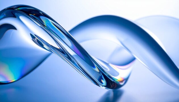 Twisted optical glass sculpture reflecting rainbow light spectrum. Abstract clear crystal prism refracting vibrant color wavelengths for design pro...