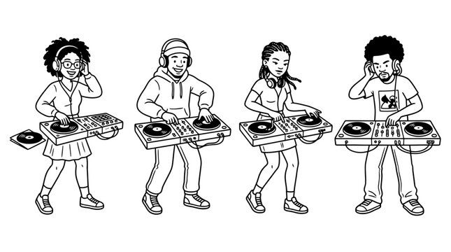 Four turntables black indie line art character pose set