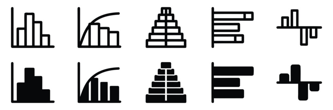 Set of 10 data visualization chart icons in outline and filled styles featuring histograms, Pareto charts, pyramid charts, horizontal bar graphs, and divergence charts. Vector symbols for analytics an