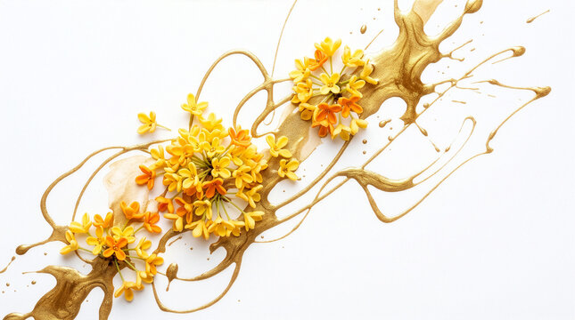 Osmanthus 007 Yellow Osmanthus Clusters with Dynamic Gold Paint Splash on White Background（白背景に咲く黄色い金木犀とダイナミックなゴールドペイントのスプラッシュ）