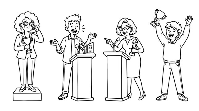 Four award ceremony black indie line art character pose set