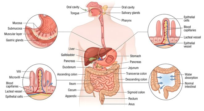 Detailed human digestive system anatomy diagram with medical labels showing gastrointestinal tract organs and magnified tissue cross sections