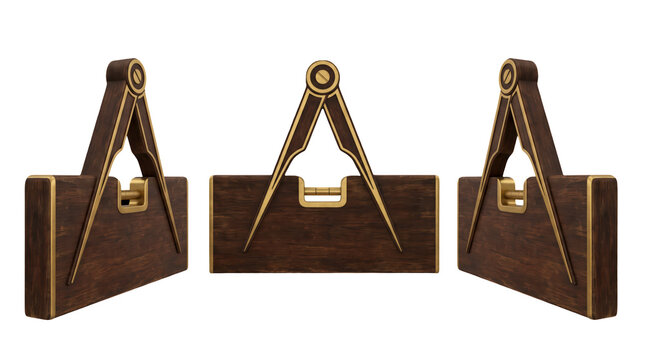 Wooden masonic level tools, freemasonry equality symbol and builders fraternity concept