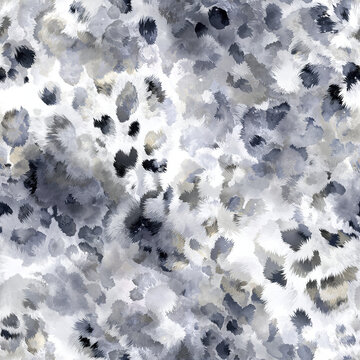 Seamless watercolor snow leopard pattern with soft fur texture in gray and black tones