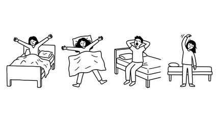 Obraz premium Four morning routine black indie line art character pose set