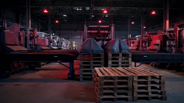 Factory conveyor line stopped wide interior shot, pallets stacked near inactive machinery, red alarm lights signaling halt, manufacturing shutdown, lack of demand affecting industrial production flow