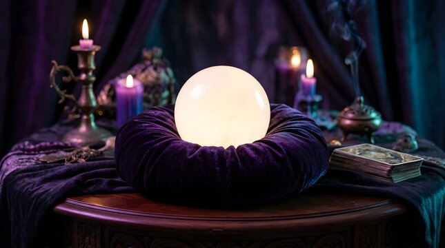 Glowing crystal ball on velvet cushion for fortune telling and magic