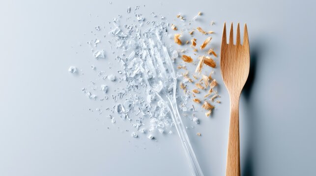 A wooden fork and broken plastic fork, contrasted with flour and crumbs, symbolizing a choice between sustainable and disposable options