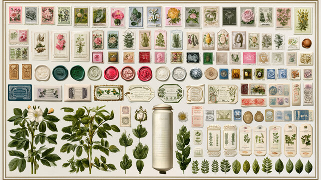 Vintage botanical ephemera collection featuring antique postage stamps, wax seals, floral herbarium specimens, old paper labels, and botanical illustrations for scrapbooking and nostalgic crafts.
