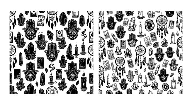 Set of two mystical seamless patterns with hamsa hands and boho spiritual symbols