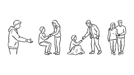 Fototapeta premium Four caring black indie line art character pose set