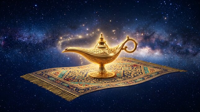 Golden magic lamp on an ornate flying carpet floating in starry space