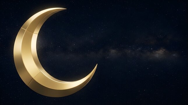 Golden crescent moon shape floating in a starry night sky for background