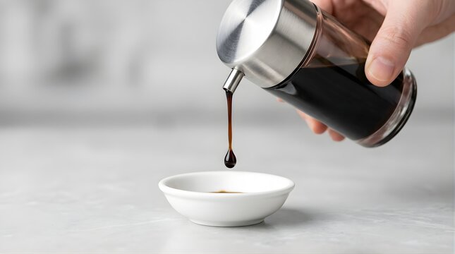 Hand pouring soy sauce from glass dispenser into small white bowl