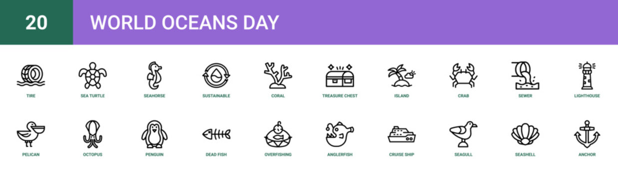 Set of 20 outline web World Oceans Day icons such as anchor, seashell, seagull, cruise ship, anglerfish, overfishing, dead fish vector icons for report, presentation, diagram, web design, mobile app