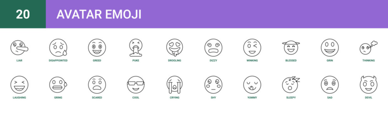 Set of 20 outline web Avatar Emoji icons such as devil, sad, sleepy, yummy, shy, crying, cool vector icons for report, presentation, diagram, web design, mobile app