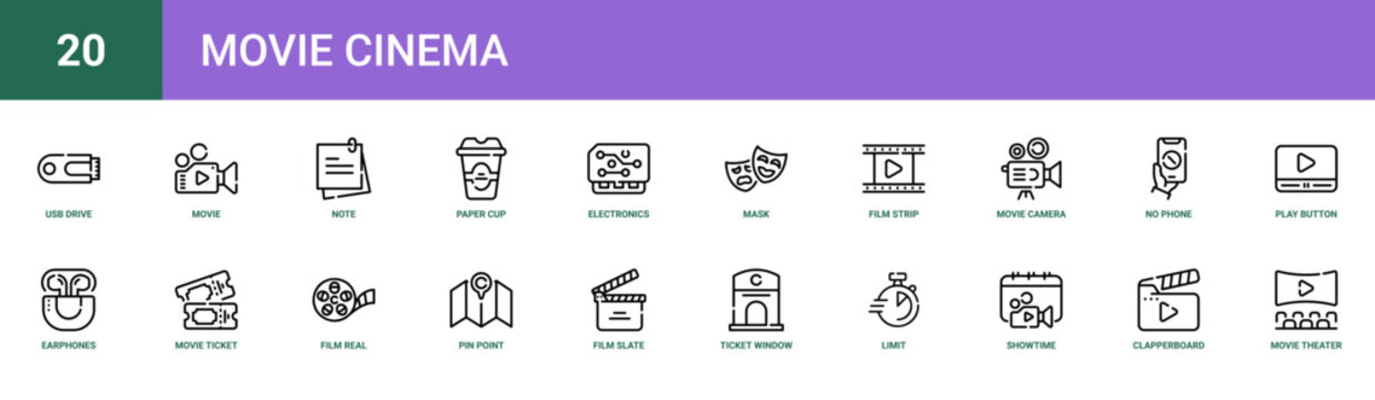 Set of 20 outline web Movie Cinema icons such as movie theater, clapperboard, showtime, limit, ticket window, film slate, pin point vector icons for report, presentation, diagram, web design, mobile