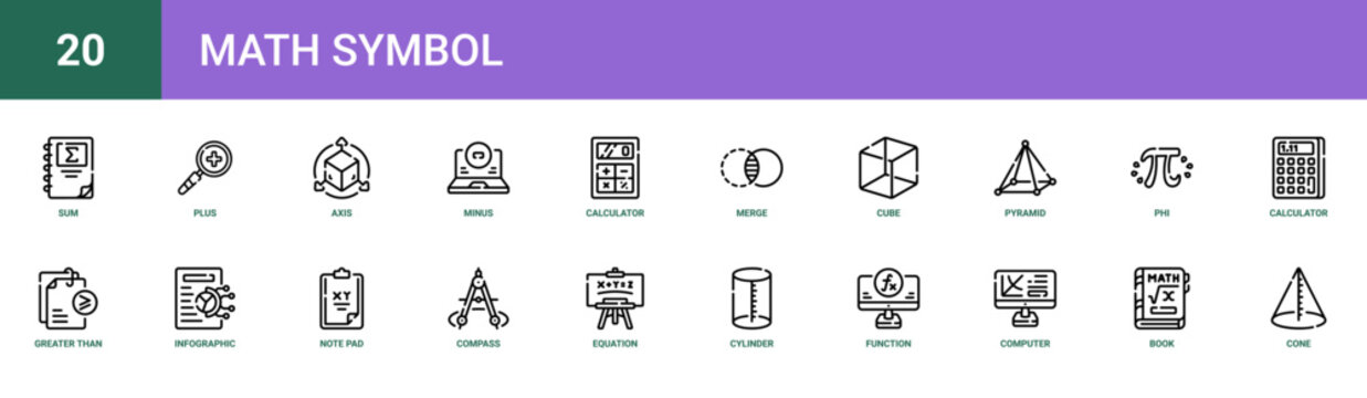 Set of 20 outline web Math Symbol icons such as cone, book, computer, function, cylinder, equation, compass vector icons for report, presentation, diagram, web design, mobile app