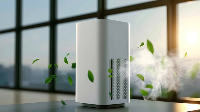 Air purifier standing on a table, filtering air and releasing a cloud of fresh, clean mist with green leaves, symbolizing healthy indoor environment and good air quality