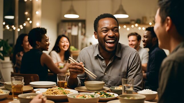 Happy man laughing while eating dinner with diverse friends at home